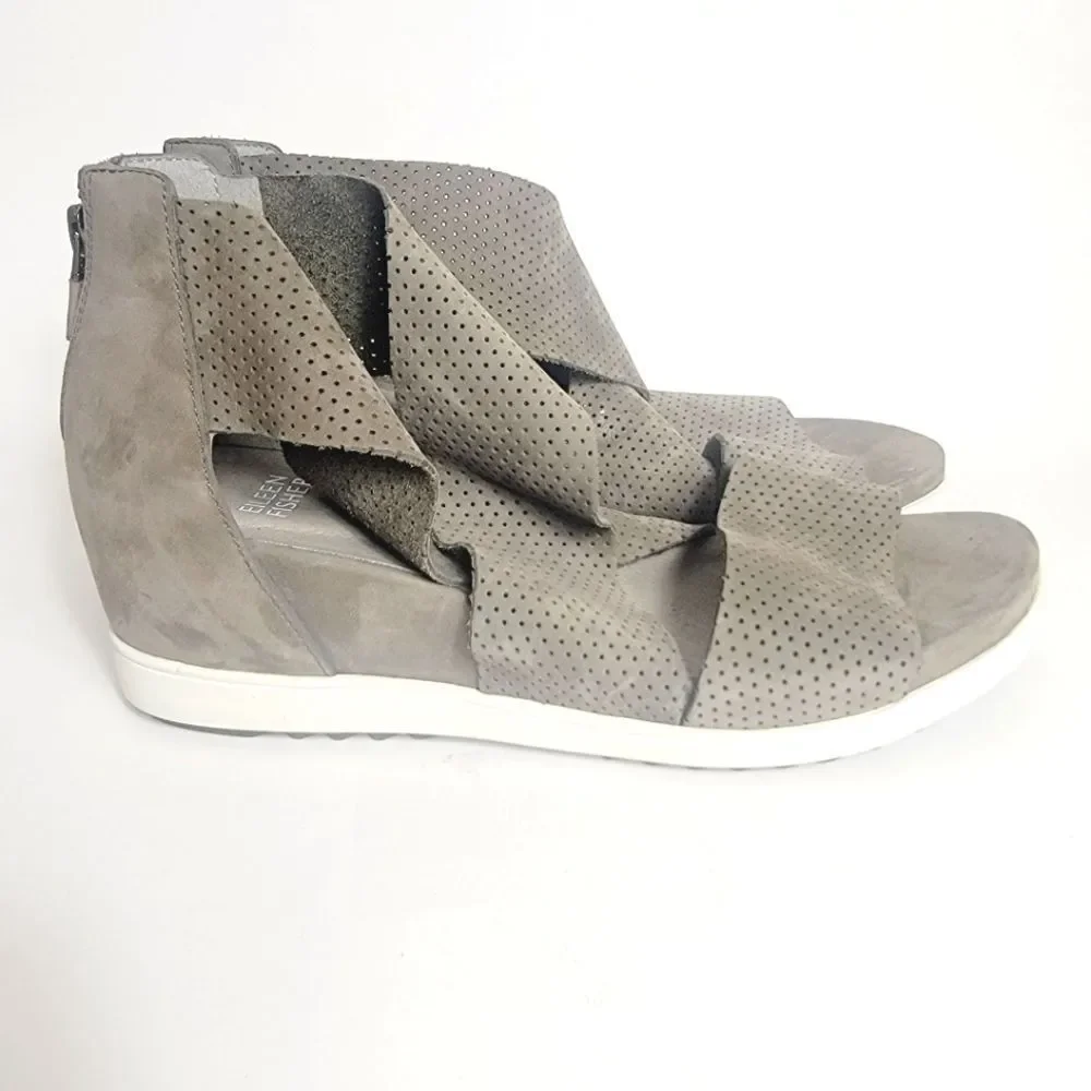 EILEEN FISHER Suede Perforated Sport Platform Sandal In Platinum Gray Size 8.5